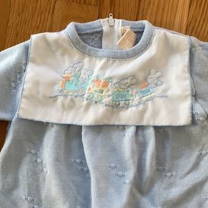 Vintage baby outfit blue with bunnies in train 6 months